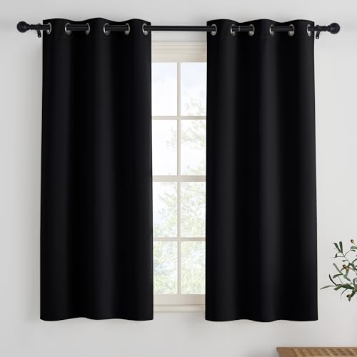 PONY DANCE Bistrogardine 2er Set Verdunklungsvorhänge Kurz H 150 x B 90 cm Scheibengardinen Blickdicht Kurzgardinen Küche/Badezimmer Fenster Vorhang mit Ösen, Schwarz von PONY DANCE