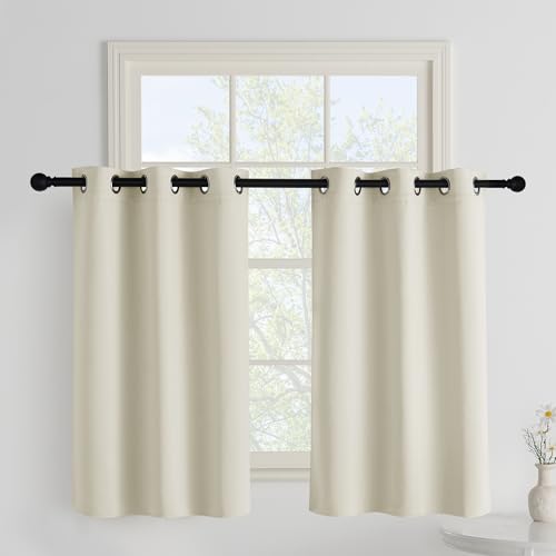 PONY DANCE Bistrogardine 2er Set Verdunklungsvorhänge Kurz Scheibengardinen Modern Kurzgardinen H 90 x B 106 cm Vorhang Hellbeige Blickdicht Küche Gardinen mit Ösen von PONY DANCE