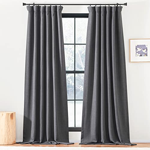 PONY DANCE Blickdichte Gardinen Leinenoptik Kräuselband Thermo Vorhänge Hitzeschutz 2er Set H 160 x B 140 cm Verdunklungsvorhänge Kurz Leinenoptik Vorhänge Schlafzimmer Blackout Curtains, Anthrazit von PONY DANCE