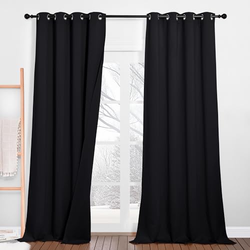 PONY DANCE Blickdichte Vorhänge Dreilagige Schallschutz Vorhang mit Abnehmbarem Filzfutter 2er Set H 260 x B 132 cm Abdunkelnde Gardinen mit Ösen Thermovorhänge Hitzeschutz, Schwarz von PONY DANCE