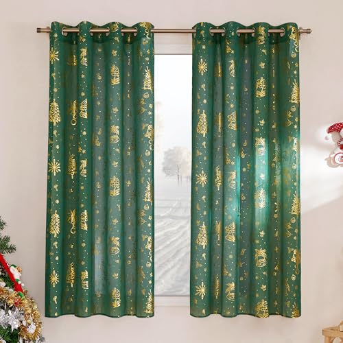PONY DANCE Dunkelgrüne Gardinen Wohnzimmer Weihnachten Transparente Vorhänge mit Goldernem Muster Weihnachtsvorhänge mit Ösen 2er Set H 160 x B 140 cm Voile Gardinen Leinenoptik Durchlässig von PONY DANCE