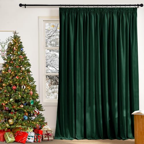 PONY DANCE Extra Breite Vorhänge Samt (300g/m²) Wohnzimmer Gardinen mit Kräuselband für Schiene 1er Set H 260 x B 300 cm Thermogardine Kälteschutz Samtvorhang Dunkelgrün Velvet Blackout Curtains von PONY DANCE