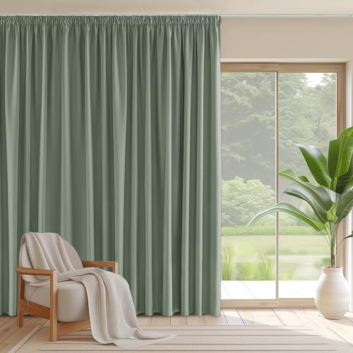 PONY DANCE Extra Breite Vorhänge mit Kräuselband Wohnzimmer Gardinen Blickdicht 1er Set H 220 x B 300 cm Thermogardine Kälteschutz Verdunklungsvorhänge für Gardinenschiene, Salbeigrün von PONY DANCE