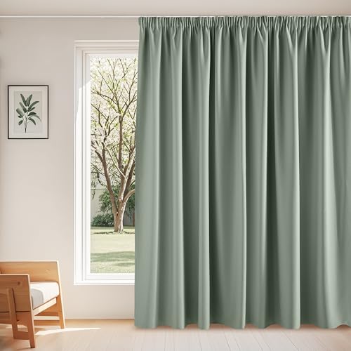 PONY DANCE Extra Breite Vorhänge mit Kräuselband Wohnzimmer Gardinen Salbeigrün Blickdicht 1er Set H 260 x B 300 cm Thermogardine Hitzeschutz Verdunklungsvorhänge für Gardinenröllchen von PONY DANCE