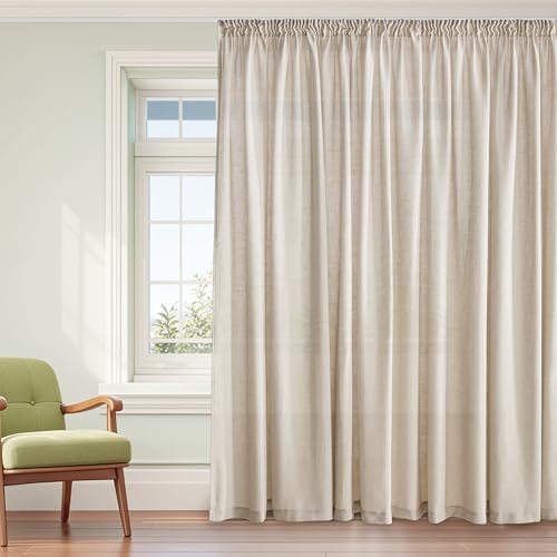 PONY DANCE Extra Breite Vorhang Leinen Kräuselband 1er Set H 245 x B 300 cm Wohnzimmer Gardinen für Schienensystem Leinengardine Halbtransparent Boho Style Curtains, Natur von PONY DANCE