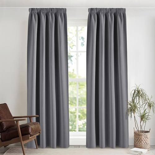 PONY DANCE Extra Lange Gardinen und Vorhänge Wärmeisolierend Verdunkelungsvorhang für Schiene 2er Set H 260 x B 140 cm Thermogardinen Hitzeschutz Wohnzimmer Vorhang Grau Blickdicht von PONY DANCE
