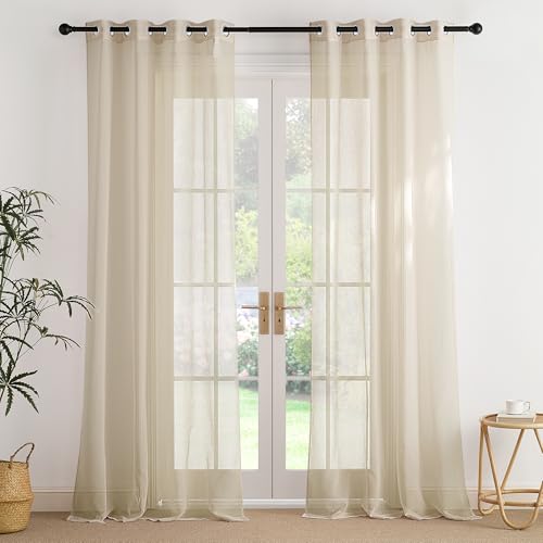 PONY DANCE Extra Lange Vorhänge 260 cm Hoch Vorhang lichtdurchlässig Voile Gardinen Transparent Ösenschal 2er Set H 260 x B 140 cm Wohnzimmer Gardine mit Ösen Durchsichtig Leinenoptik, Khaki von PONY DANCE
