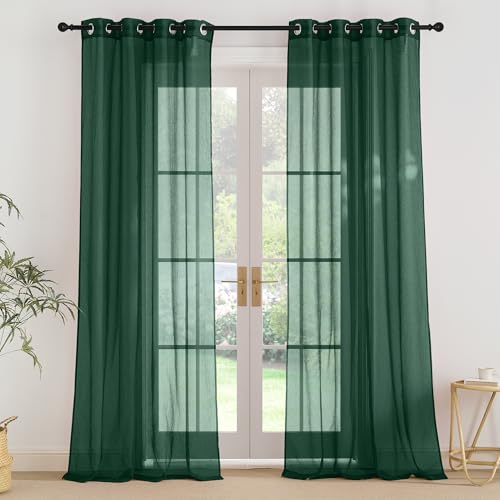 PONY DANCE Extra Lange Vorhänge Dunkelgrün Voile Gardinen mit Ösen Wohnzimmer Vorhang Transparent Ösenschal 2er Set H 260 x B 140 cm Durchsichtige Gardine Leinenoptik Dunkelgrün von PONY DANCE