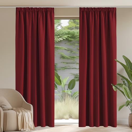PONY DANCE Vorhang Blickdicht Kräuselband 2er Set H 228 x B 228 cm Extra Breite Gardine für Schienensystem Thermogardinen Hitzeschutz Blackout Curtains Living Room, Rot von PONY DANCE