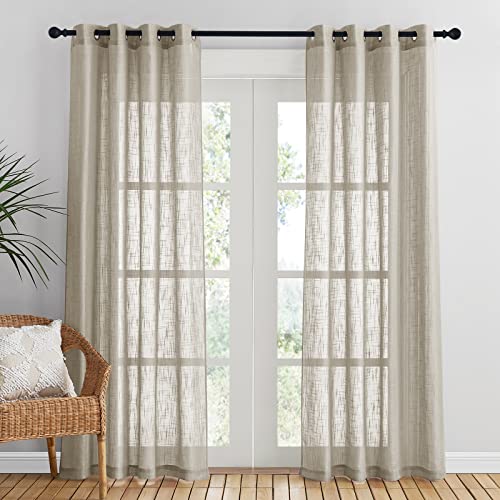 PONY DANCE Gardinen Landhausstil Leinenoptik Vorhang Halbtransparent Vorhänge Wohnzimmer Deko Voile Gardinen Taupe Gardinenschals mit Ösen 2 Stücke H 210 x B 132 cm von PONY DANCE