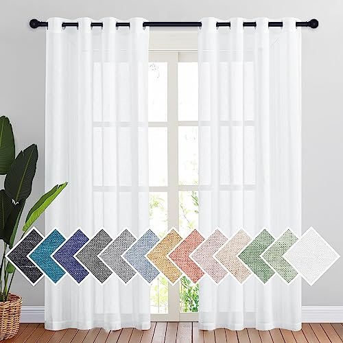 PONY DANCE Gardinen Weiss Halbtransparent Ösenvorhang 2er Set Leinenoptik Vorhänge im Landhausstil Voile Gardinen für Schlafzimmer & Wohnzimmer Vorhang Leinenoptik, H 220 x B 140 cm von PONY DANCE