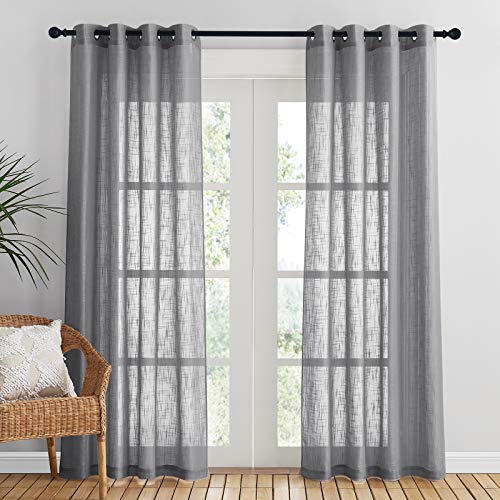 PONY DANCE Vorhänge Wohnzimmer Voile Gardinen Leinenoptik 2er Set H 210 x B 132 cm Vorhang Dunkelgrau Halbtransparent Leinenoptik Vorhänge mit Ösen Fenster Gardine von PONY DANCE