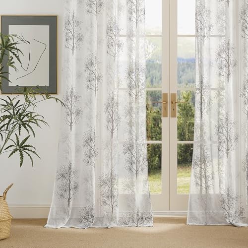 PONY DANCE Graue Gardinen mit Bäume Muster Wohnzimmer Vorhang Halbtransparent Voile Gardine 245 cm Lang Modern Vorhänge mit Ösen Ösenvorhang Sheer Curtains, H 245 X B 140 cm von PONY DANCE