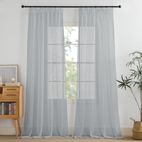 PONY DANCE Graue Vorhänge 245 cm Hoch Transparent Voile Gardinen mit Kräuselband für Schiene 2er Set Wohnzimmer Vorhang Leinenoptik Durchlässig Curtains for Living Room, H 245 x B 140 cm von PONY DANCE