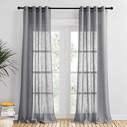 PONY DANCE Gardinen Wohnzimmer Vorhang Leinenoptik 2 Stücke H 240 x B 132 cm Voile Gardine Halbtransparent Deko Vorhänge Dunkelgrau Ösenvorhang Transparent von PONY DANCE