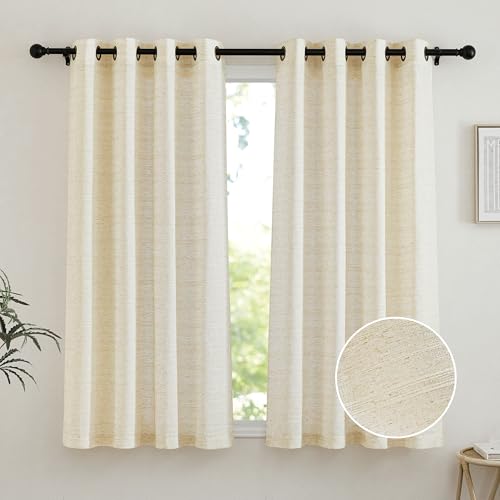 PONY DANCE Kurze Gardinen Halbtransparent Vorhang Leinen Natur Ösenschal 2er Set H 145 x B 140 cm Wohnzimmer Vorhänge Leinenoptik Boho Style Gardine mit Linien Linen Curtains for Bedroom von PONY DANCE