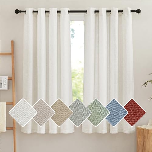 PONY DANCE Kurze Gardinen Halbtransparent Vorhang Leinen Ösenschal 2er Set H 145 x B 140 cm Leinengardine für Kleine Fenster Wohnzimmer Vorhänge Creme Leinenoptik Gardine Boho Style von PONY DANCE