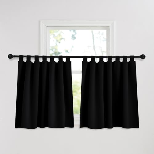 PONY DANCE Kurze Gardinen Schwarz Verdunklungsvorhänge Kinderzimmer Schlaufengardinen 2er Set Blickdichte Vorhänge mit Schlaufen Fenstergardinen, H 90 x B 140 cm von PONY DANCE