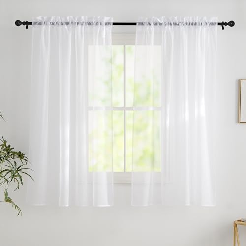 PONY DANCE Kurze Gardinen Weiss Transparent 2er Set H 120 x B 140 cm Scheibengardinen mit Stangedurchzug Voile Vorhänge für Küche/Badezimmer Fenster Sheer Curtains von PONY DANCE