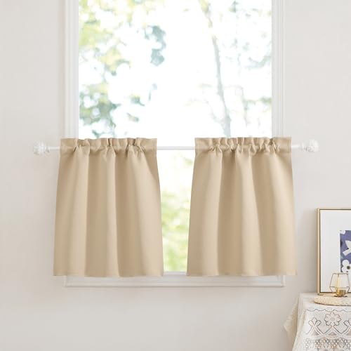 PONY DANCE Kurze Gardinen für Küche Fenster Scheibengardinen Blickdicht Bistrogardine mit Stangedurchzug Gardienen 2-Set B 60 x H 45 cm Gardinen Kurz Fenster, Biscotti Beige von PONY DANCE