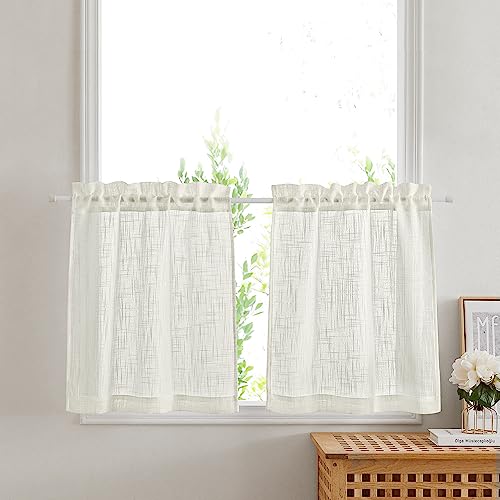 PONY DANCE Kurze Gardinen für Küche Fenster Scheibengardinen mit Stangedurchzug Landhausstil Gardienen 2-Set B 60 x H 45 cm Vorhang Creme Halbtransparent Gardinen Leinenoptik, Hellbeige von PONY DANCE