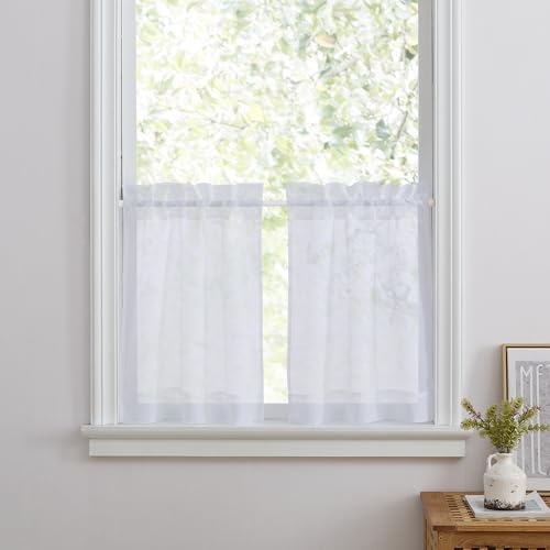 PONY DANCE Kurze Vorhänge Weiss Transparent Scheibengardinen Küche Bistrogardine 2er Set Durchsichtige Gardinen mit Stangedurchzug für Kleine Fenster B 60 x H 120 cm, Weiß von PONY DANCE
