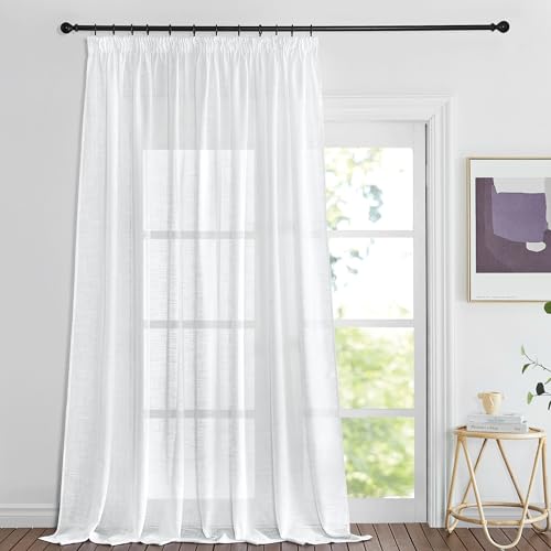 PONY DANCE Leinen Gardinen für Schienensystem Wohnzimmer Gardine Weiss Halbtransparent 1er-Set H 220 x B 200 cm Leinenoptik Vorhang mit Kräuselband Extra Breite Vorhänge von PONY DANCE