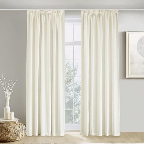 PONY DANCE Leinen Gardinen mit Kräuselband 2er Set Wohnzimmer Vorhänge Halbtransparent H 200 x B 140 cm Vorhang Leinenoptik Boho Gardine Halbtransparent Linen Curtains for Living Room, Elfenbeinweiß von PONY DANCE
