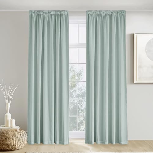 PONY DANCE Leinen Gardinen mit Kräuselband 2er Set Wohnzimmer Vorhänge für Schienen H 260 x B 140 cm Vorhang Leinenoptik Boho Gardine Halbtransparent Linen Curtains for Living Room, Salbeigrün von PONY DANCE