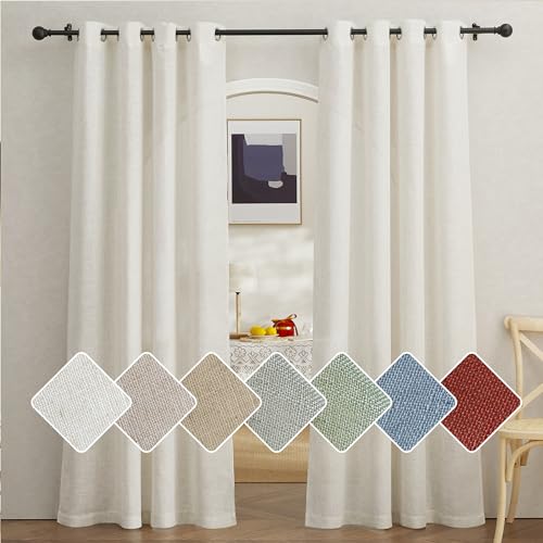 PONY DANCE Leinen Gardinen mit Ösen Wohnzimmer Vorhänge Creme Halbtransparent Ösenschal 2er Set H 220 x B 140 cm Leinenoptik Vorhang Boho Style Linen Curtains for Living Room von PONY DANCE