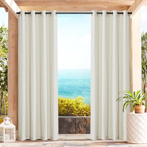 PONY DANCE Leinen Outdoor Gardinen Boho 2er Set Outdoorvorhang Wasserdicht Pavillon Vorhänge mit Ösen Außenvorhang für Balkon/Terrasse Outdoor Curtains, H 274 x B 140 cm, Beige von PONY DANCE