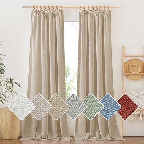 PONY DANCE Leinengardine mit Kräuselband Wohnzimmer 2er Set Vorhang Leinen H 245 x B 140 cm Linen Curtains Halbtransparente Vorhänge Boho Gardinen Leinen Kräuselband, Khaki von PONY DANCE