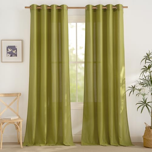 PONY DANCE Leinengardine mit Ösen Wohnzimmer Vorhänge Halbtransparent 2er Set H 245 x B 140 cm Grünliches Gelb, Leinenoptik Gardinen Halbtransparent Linen Curtains for Bedroom von PONY DANCE