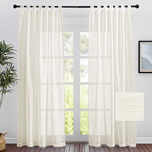 PONY DANCE Leinenoptik Gardinen Halbtransparent - Voile Vorhänge im Landhausstil Schlaufenschal 2er Set H 220 x B 140 cm Gardinen Wohnzimmer Balkontür Gardine für Licht Filtern, Hellbeige von PONY DANCE