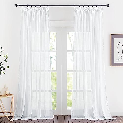 PONY DANCE Leinenoptik Gardinen mit Kräuselband Weiß 2er Set H 245 x B 140 cm Wohnzimmer Vorhänge Weiss Halbtransparent Landhaus Gardine Leinen Halbtransparent von PONY DANCE
