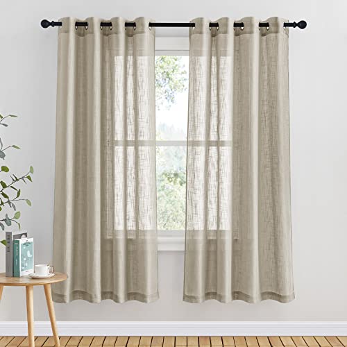 PONY DANCE Leinenoptik Vorhänge Halbtransparent Voile Gardinen Landhausstil Ösenvorhang Halbtransparent Kurze Gardinen für Küche Deko, 2er Set H 158 x B 132 cm, Taupe von PONY DANCE