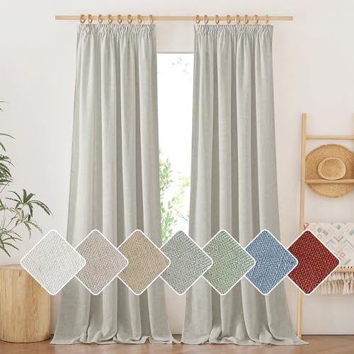 PONY DANCE Leinenvorhänge mit Kräuselband Leinenoptik Gardinen mit Haken für Schienensystem 2er Set H 245 x B 140 cm Boho Vorhänge Wohnzimmer Leinen Gardinen Halbtransparent, Graugrün von PONY DANCE