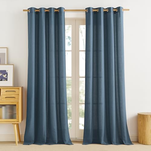 PONY DANCE Leinenvorhang Halbtransparent Wohnzimmer Gardinen mit Ösen 2er Set H 245 x B 140 cm Dunkelblau, Boho Style Vorhänge Leinenoptik Semi-Sheer Curtains for Bedroom von PONY DANCE