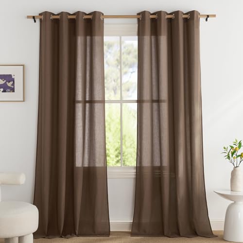 PONY DANCE Leinenvorhang Halbtransparent Wohnzimmer Gardinen mit Ösen Kurz 2er Set H 245 x B 140 cm Leinenoptik Gardinen Boho Style Vorhänge Leinen Curtains for Bedroom, Braun von PONY DANCE