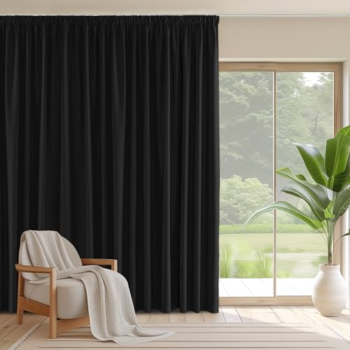 PONY DANCE Lichtdichte Vorhänge mit Kräuselband 1 Stück Extra Breite Gardine Schwarz Blickdicht Thermovorhänge gegen Kälte Raumtrenner Vorhang Blackout Curtains Living Room, H 260 x B 300 cm von PONY DANCE