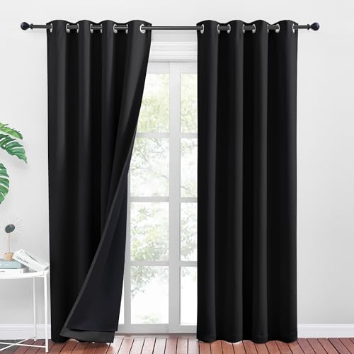 PONY DANCE Lichtundurchlässige Vorhänge Schlafzimmer 2er Set 245 x B 140 cm Doppellagige und Schwere Vorhänge Kälteschutz Thermogardine mit Ösen Schwarze Gardinen Blickdicht Curtains for Bedroom von PONY DANCE