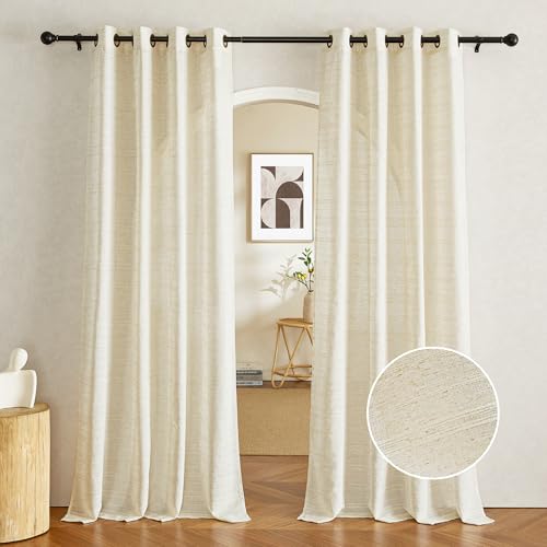 PONY DANCE Linen Curtains for Living Room Ösenschal 2er Set H 245 x B 140 cm Leinen Gardinen Boho Style Wohnzimmer Vorhänge Leinenoptik Halbtransparent Leinenvorhang mit Ösen, Natur von PONY DANCE