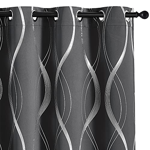 PONY DANCE Vorhang Grau Blickdicht 2er Set H 220 x B 140 cm Wohnzimmer Gardinen mit Ösen Verdunkelung Thermogardinen Kälteschutz Verdunklungsvorhänge mit Linien-Foliendruck von PONY DANCE