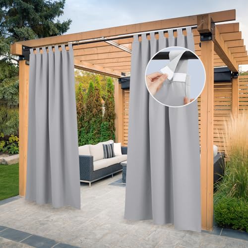 PONY DANCE Outdoor Gardinen Wasserdicht Terrasse Vorhänge mit Klettschluss Outdoorvorhänge Wetterfest Schlaufenschal Blickdicht 2er Set Balkon Vorhang Sichtschutz, H 243 x B 132 cm, Silbergrau von PONY DANCE