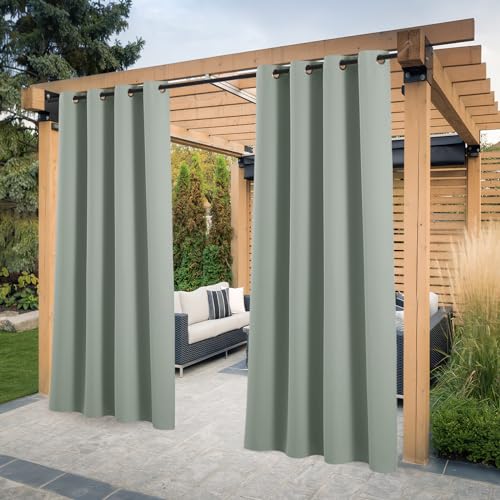 PONY DANCE Outdoor Vorhänge Wetterfest mit Ösen 2er Set Outdoorvorhang für Sichtschutz & Sonnnenschutz Balkon Vorhang Wasserdicht Outdoor Gardinen Pavillon & Terrasse, H 213 x B 132 cm, Salbeigrün von PONY DANCE