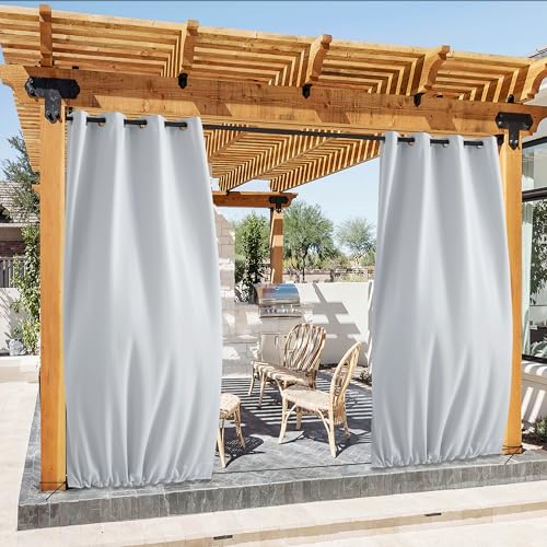 PONY DANCE Outdoor Vorhang Balkon Terrasse Vorhänge Wasserdicht 2 Stücke Outdoor Gardinen mit Festen Seilen Outdoorvorhänge mit Ösen & Verdeckten Schlaufen, H 243 x B 132 cm, Grau-weiß von PONY DANCE