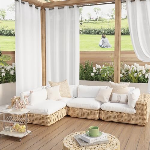 PONY DANCE Outdoor Vorhang Wasserdicht 2er Set H 213 x B 132 cm Outdoor Gardinen Weiss Halbtransparent Terrasse Vorhänge mit Ösen Outdoorvorhänge für Balkon & Pavillon von PONY DANCE