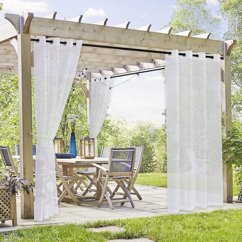 PONY DANCE Outdoor Vorhang Weiß Transparent 2er Set H 243 x B 137 cm Leinenoptik Outdoor Gardinen Wasserdicht Outdoorvorhang Pavillon & Terrasse Deko Balkon Vorhang von PONY DANCE