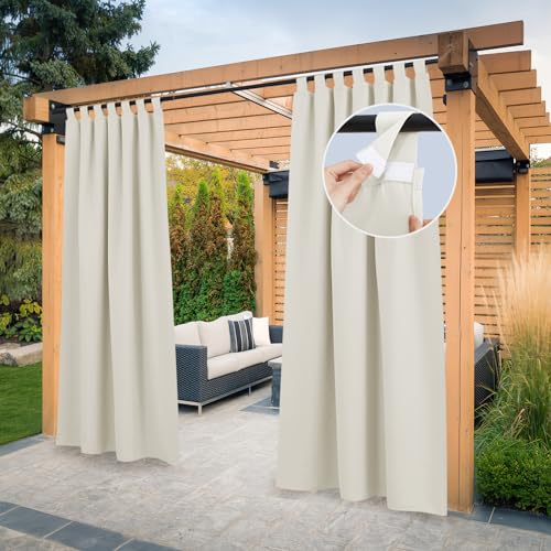 PONY DANCE Outdoor Vorhang Wetterfest 2er Set H 243 x B 132 cm Outdoor Gardinen Wasserdicht Outdoorvorhänge Sichtschutz Balkon Vorhang mit Abnehmbaren Schlaufen, Hellbeige von PONY DANCE