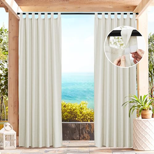 PONY DANCE Outdoorvorhänge mit Klettverschluss 2er Set H 213 x B 140 cm Terrasse Vorhänge Wasserdicht Leinen Gardinen Beige Halbtransparent Balkon Vorhang Outdoor Curtains für Pavillon von PONY DANCE